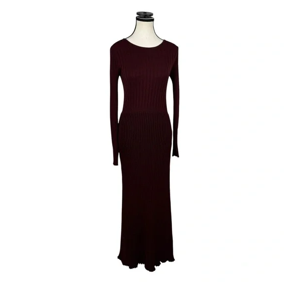 Burgundy Ribbed Knit Maxi Dress Long Sleeve Slim Fit Bodycon Elegant Evening XS - Picture 2 of 11